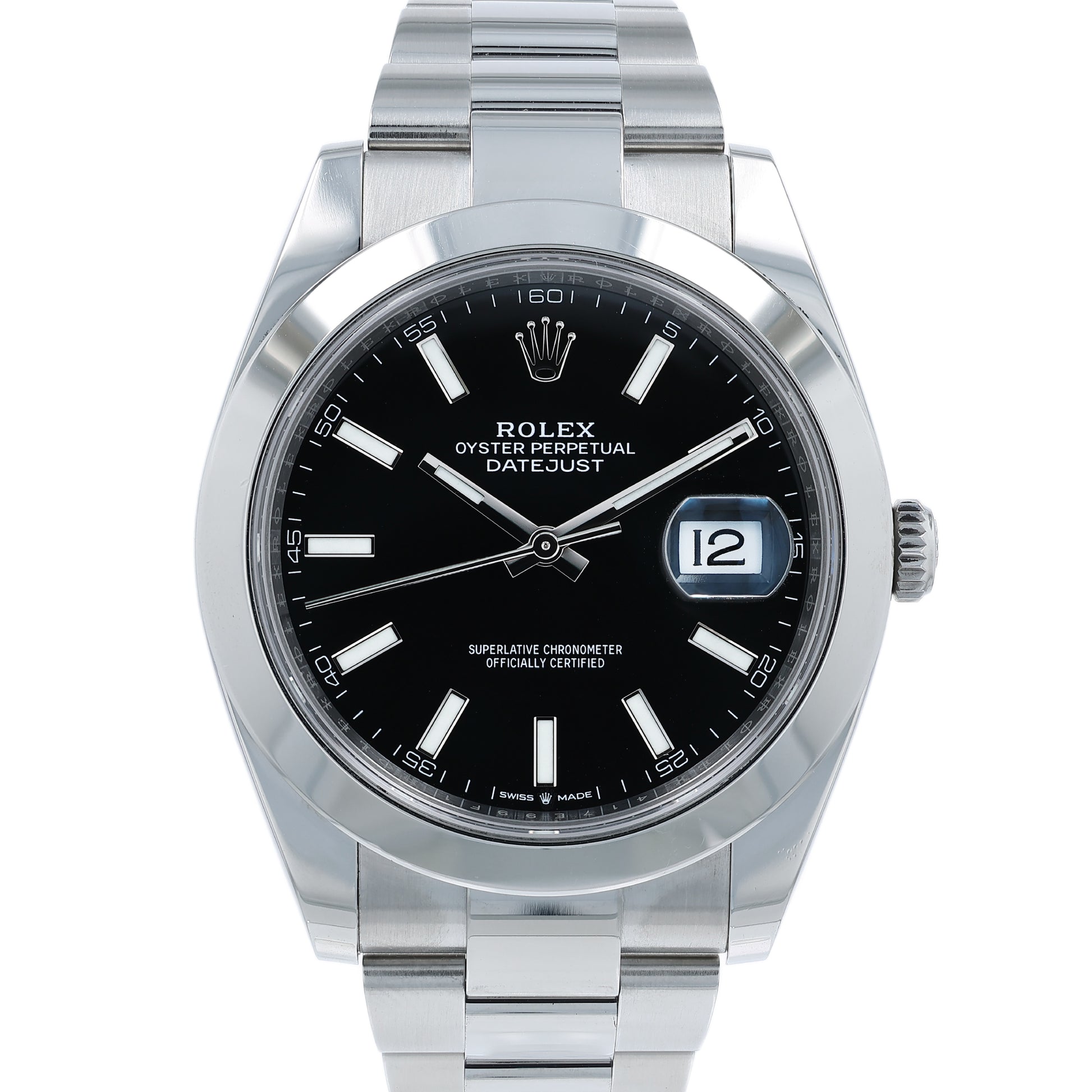Silver Rolex watch with a black dial on a white background