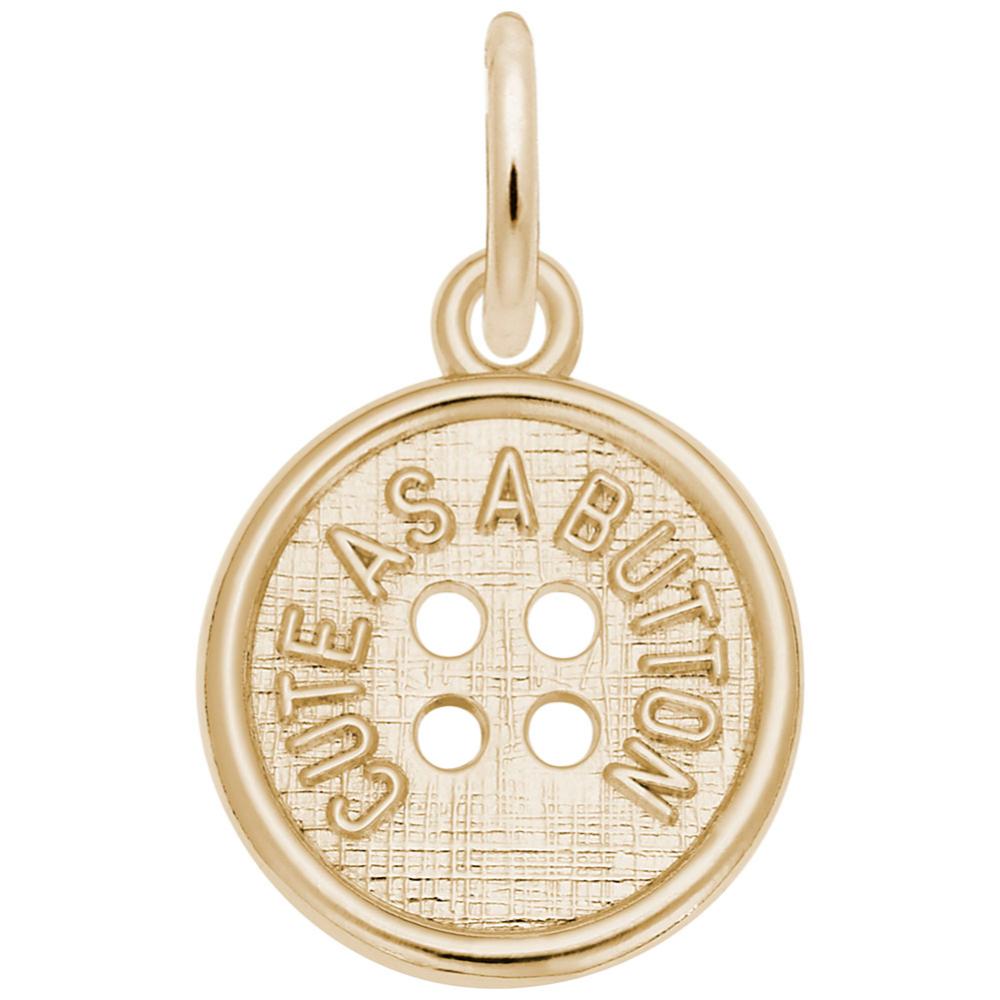 Gold button charm with 'Cute as a Button' text on a white background