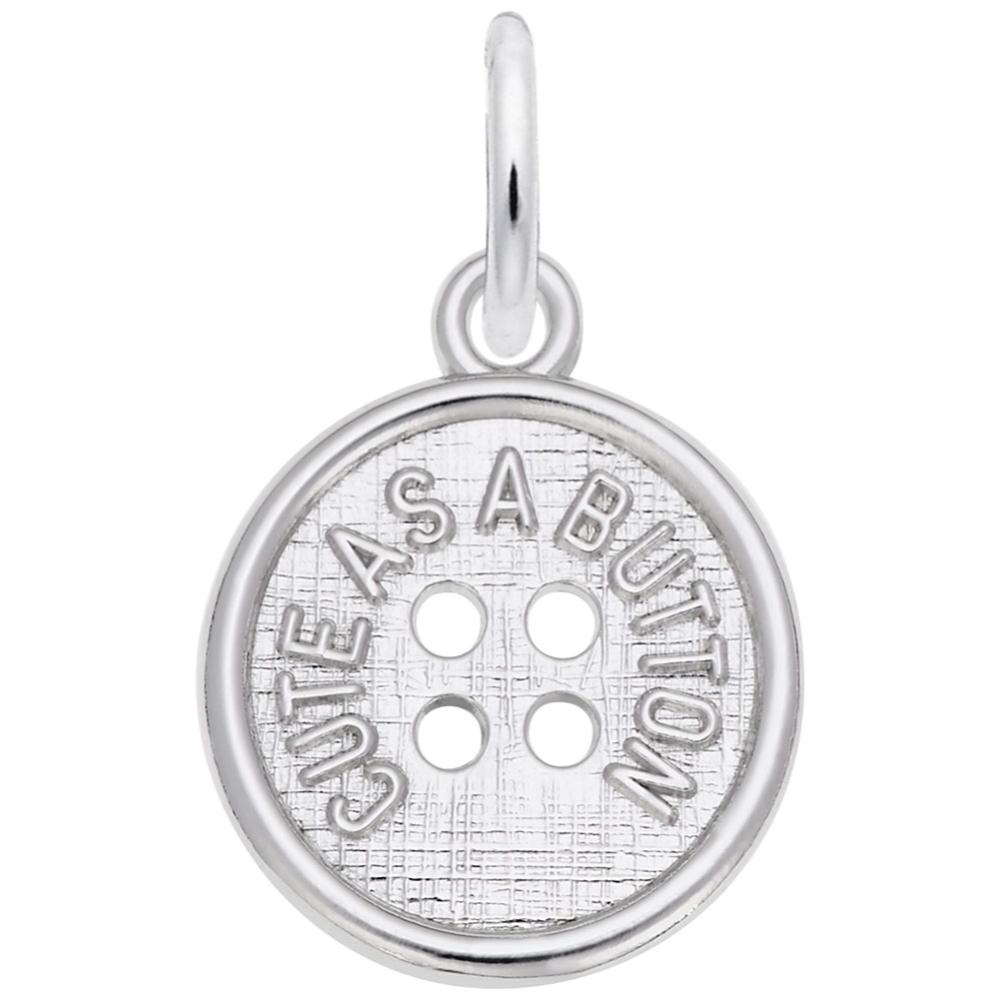 Silver button charm with 'Cute as a Button' text on a white background