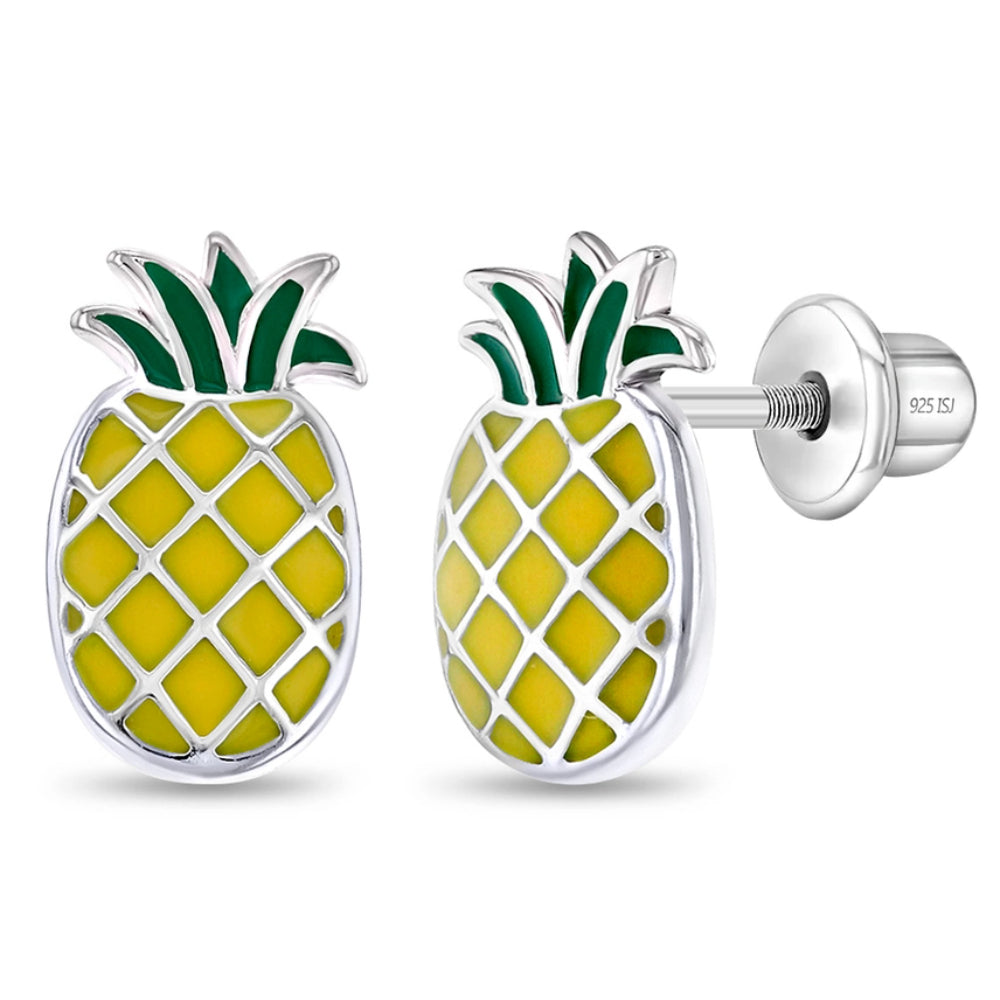 Children's Sterling Silver & Enamel Lucky Pineapple Earrings