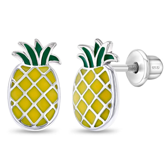 Children's Sterling Silver & Enamel Lucky Pineapple Earrings