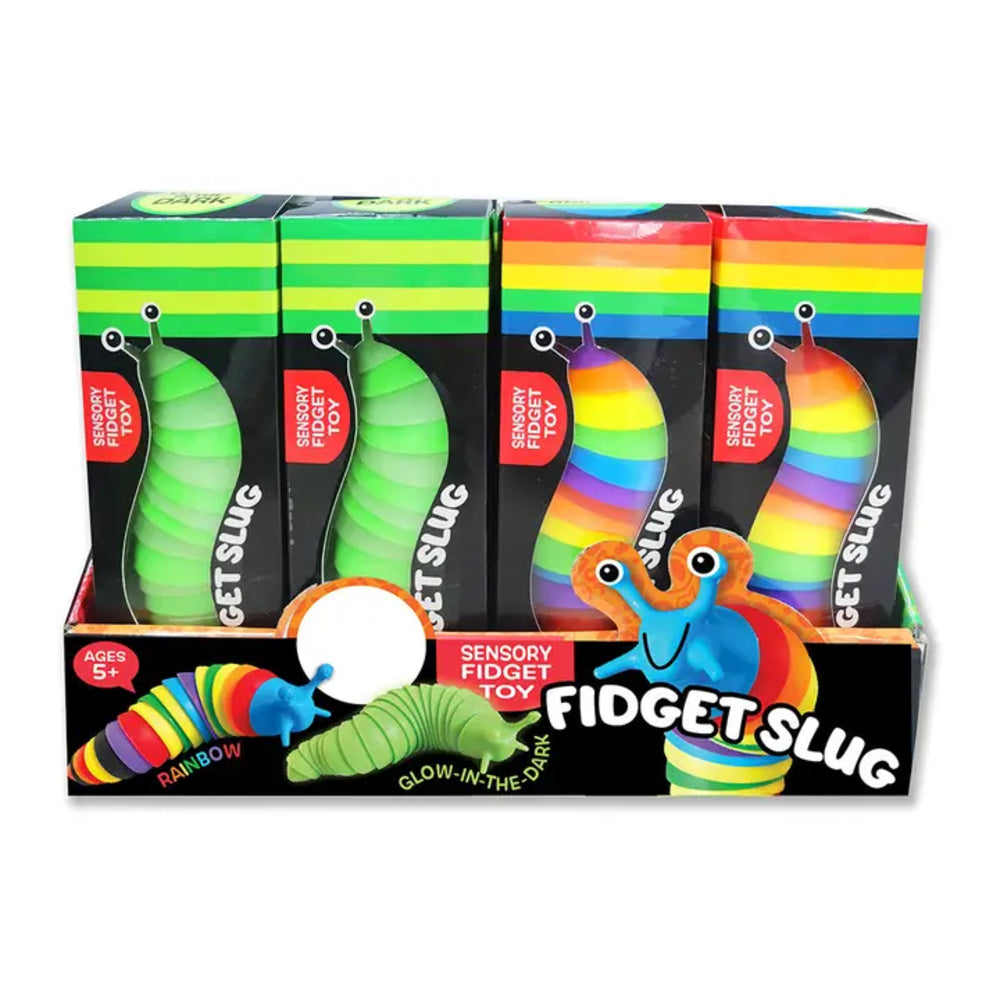 Packaging of Fidget Slug sensory fidget toys with colorful design.