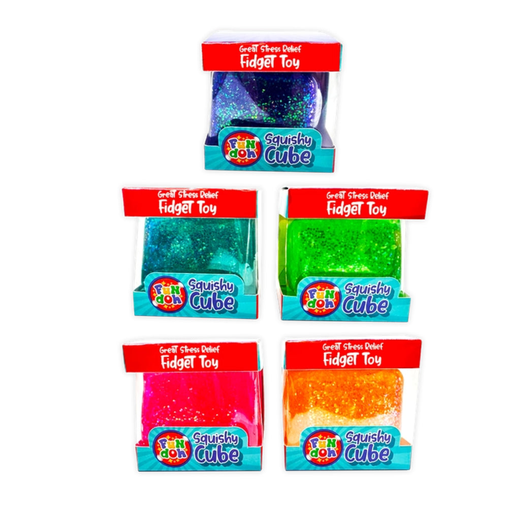 Five packages of Fun Doh Squishy Cube fidget toys in different colors on a white background.
