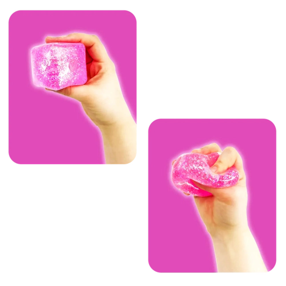 Two images of a hand holding a pink glittery cube against a pink background.