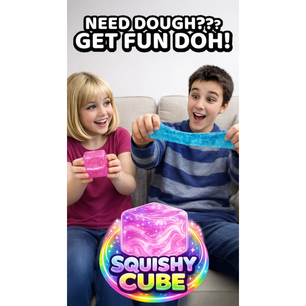 Two children playing with Squishy Cube toys, with text promoting Fun Doh.