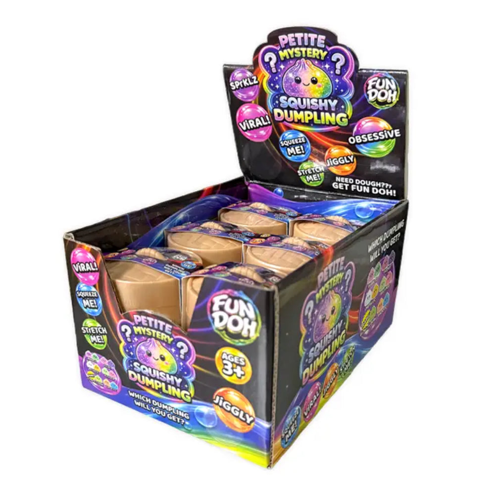 Display box of Fun Doh Petite Mystery Squishy Dumpling toys with colorful packaging.