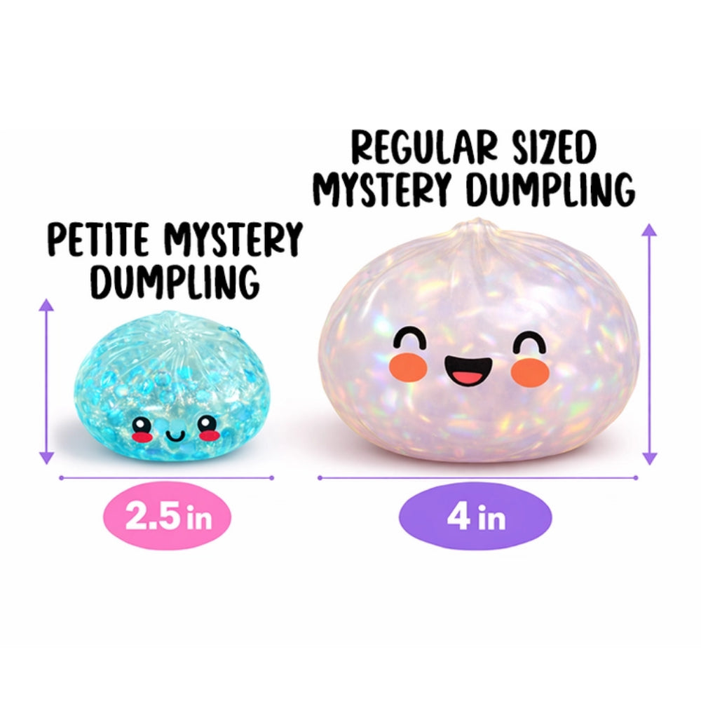 Comparison of a petite and regular sized mystery dumpling with measurements on a white background.