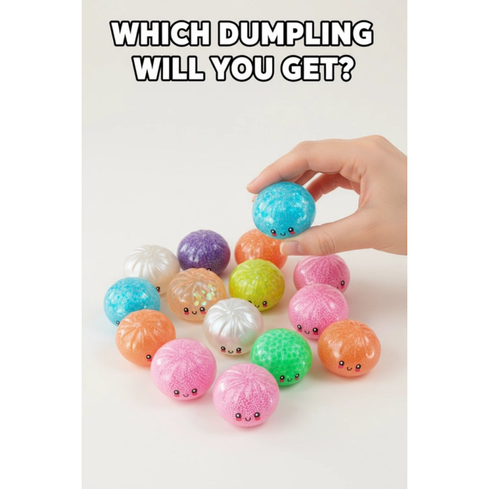 Colorful dumpling-shaped balls with a hand picking one, on a white background.