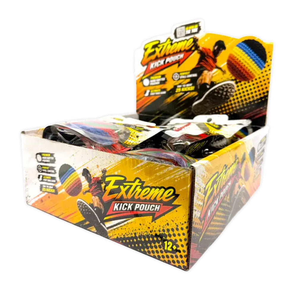 A retail display box of Extreme Kick Pouches, filled with individual sealed pouches. The packaging features a bold yellow, black, and orange design with a graphic of a soccer player kicking a ball.