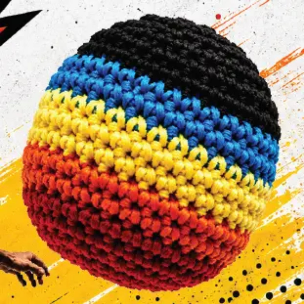 Colorful spherical object with black, blue, yellow, and red stripes on a dynamic background
