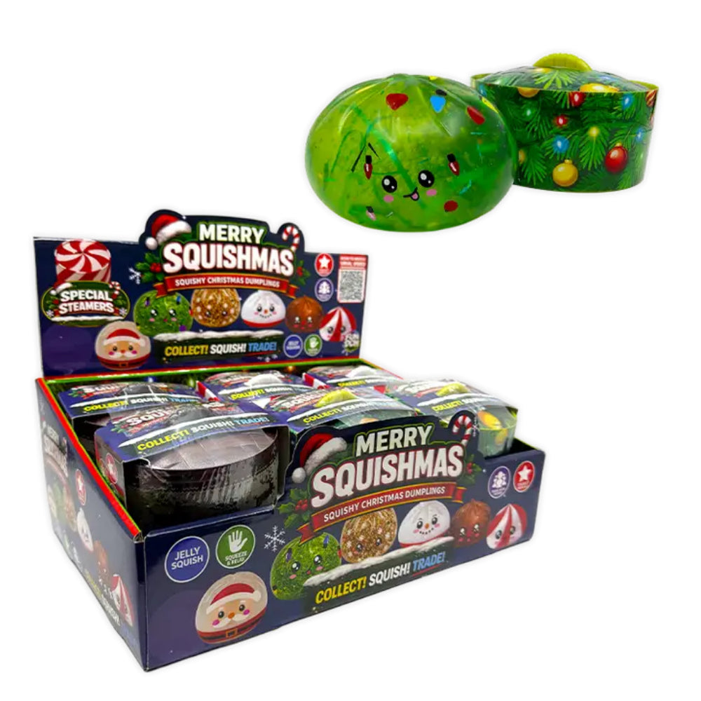 A view of Merry Squishmas squishies on a white background. 