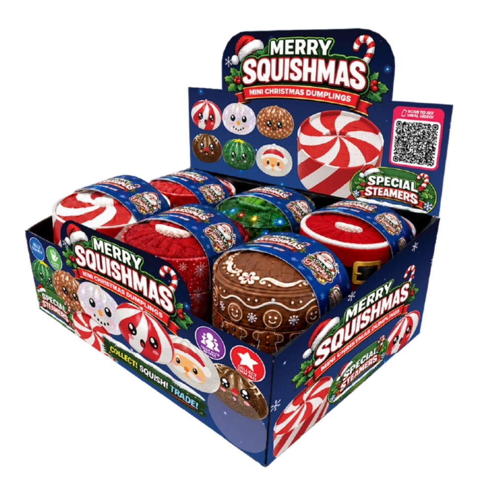 A retail display box filled with round Christmas-themed squishy candy dumplings. The packaging is blue and festive, featuring 'Merry Squishmas' branding, holiday illustrations, and labels for mini Christmas dumplings, special steamers, and assorted flavors.