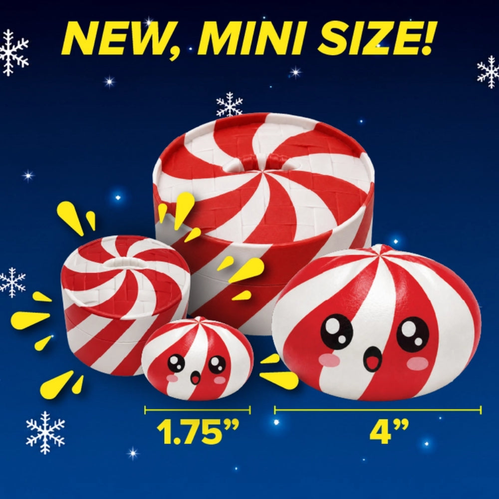 Three red and white peppermint candy-themed mini containers with cute cartoon faces, shown on a dark blue background with snowflake decorations and size labels 1.75 inches and 4 inches.
