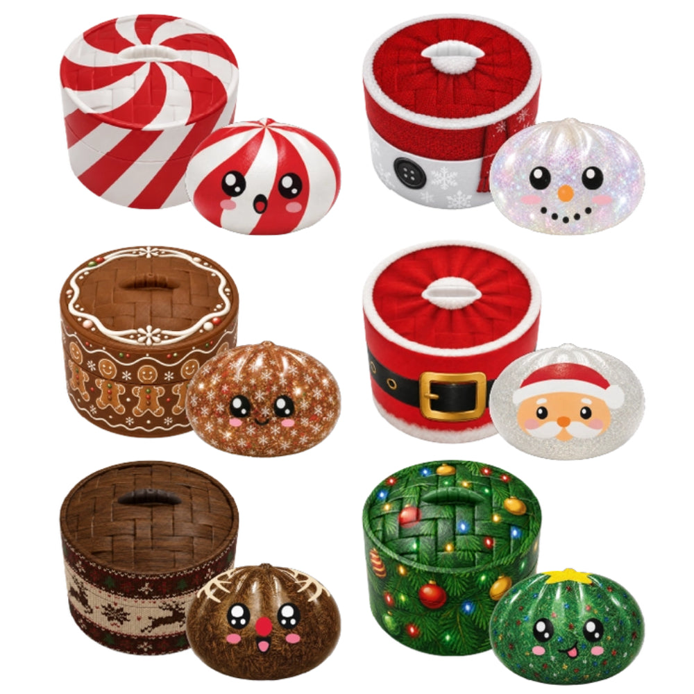 A set of festive, holiday-themed squishy stress balls and matching storage containers with cute cartoon faces. The designs include peppermint swirls, Santa Claus, gingerbread cookies, snowman, Christmas tree, and Christmas ornament motifs in red, white, brown, and green.
