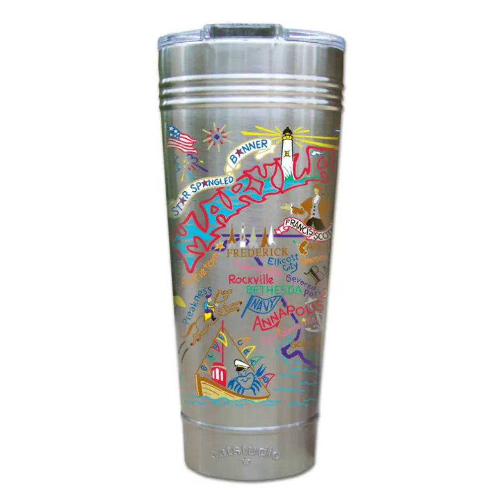 Silver tumbler with colorful graphic design of Maryland on a white background