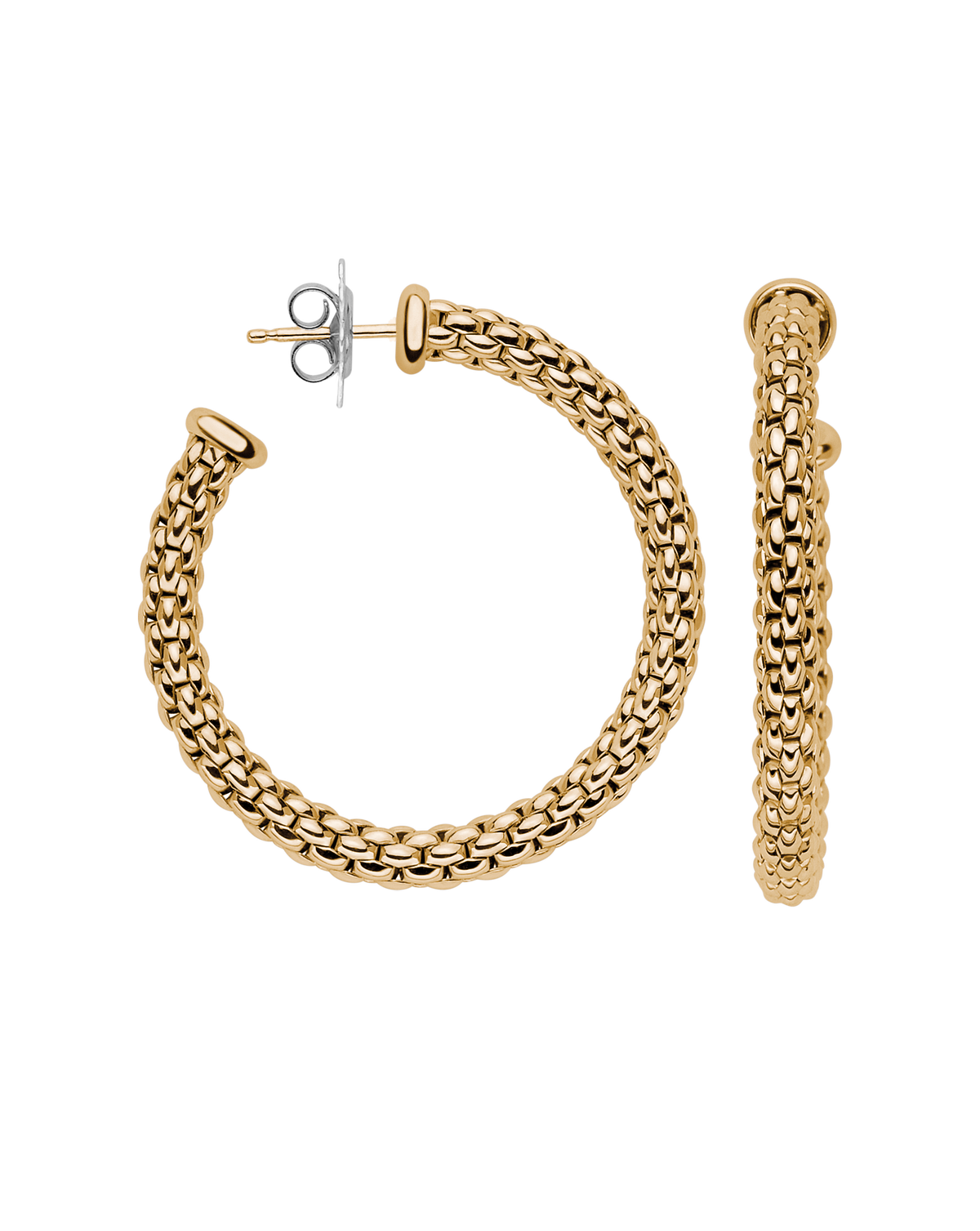 A pair of gold-tone chain-link hoop earrings with a textured woven pattern, shown on a plain white background. One earring is displayed in a larger circular view showing the post and butterfly backing, and the other is shown in a vertical profile view.
