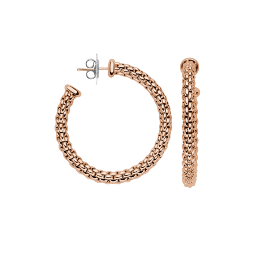 A pair of gold hoop earrings with a textured, woven chain-link design, shown on a plain white background. One earring is oriented in a circle, displaying its silver-tone post and butterfly back, while the other is shown from a side profile view.