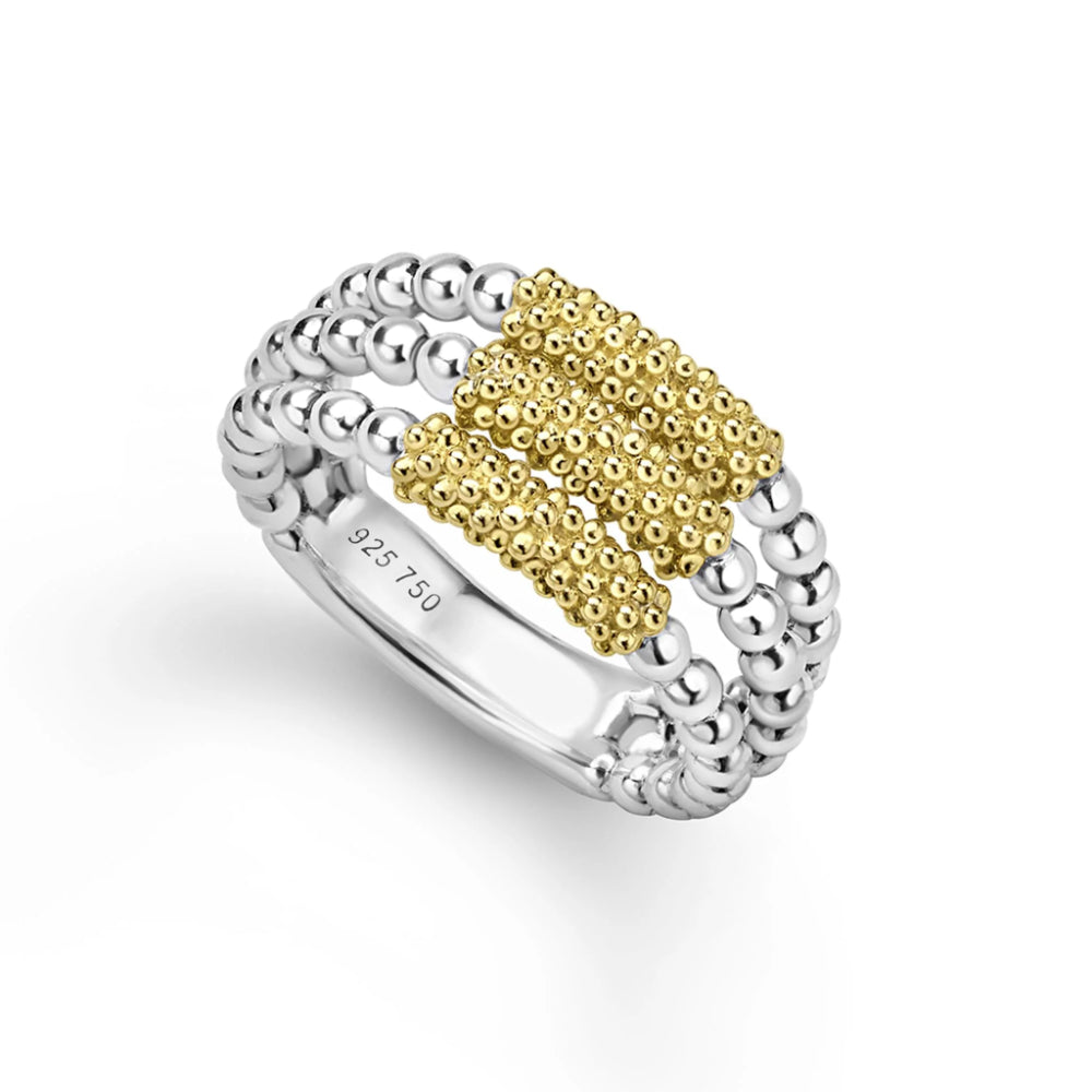 Two tone Caviar Three Row Ring featuring signature Caviar beading across three rows and accented with 18K gold 