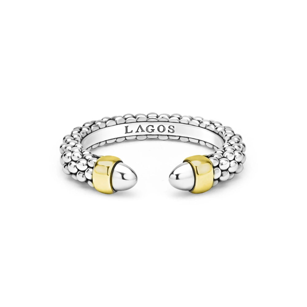 Two tone ring -  Sterling silver and accented with 14K gold  Caviar beading with a band width of 4mm tapering to 3mm
