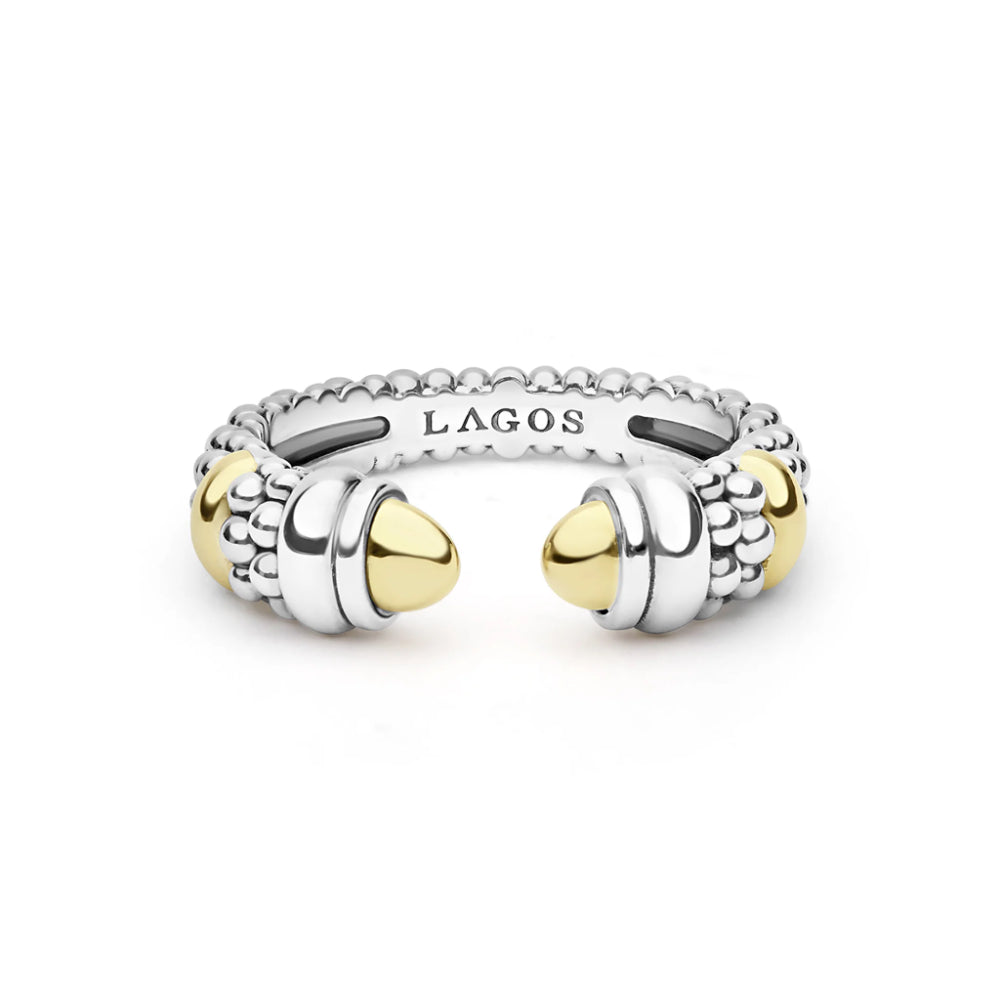 A silver-toned Lagos brand cuff ring with textured beaded details and polished gold-toned accents, shown on a clean white background.