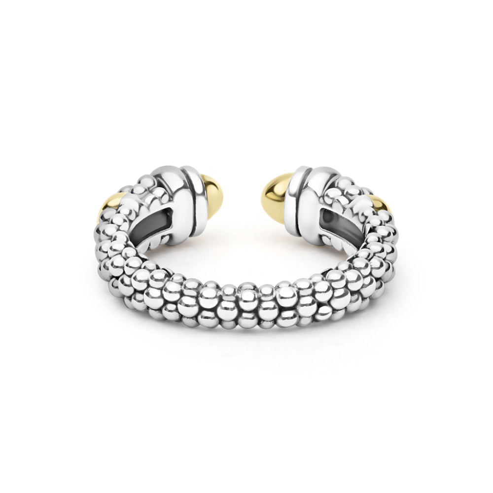 A silver-toned beaded cuff ring with gold-toned accents on the inner ends, photographed on a clean white background.