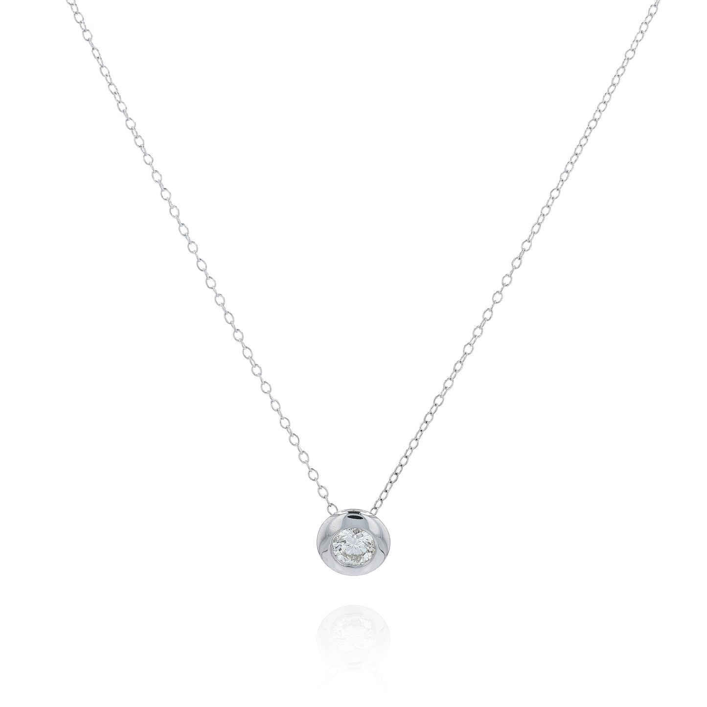 White gold bezel-set diamond pendant necklace on a white background