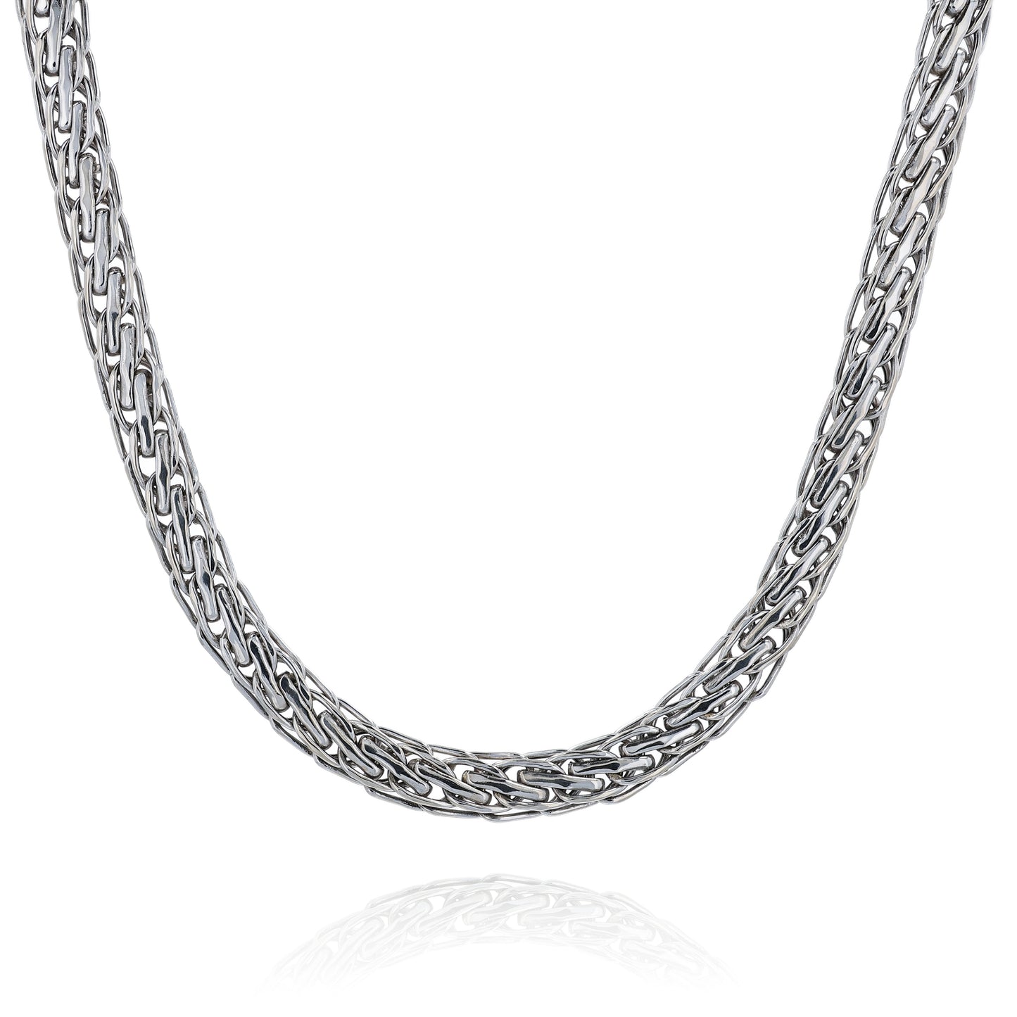 White gold braided intertwined link chain necklace on a white background