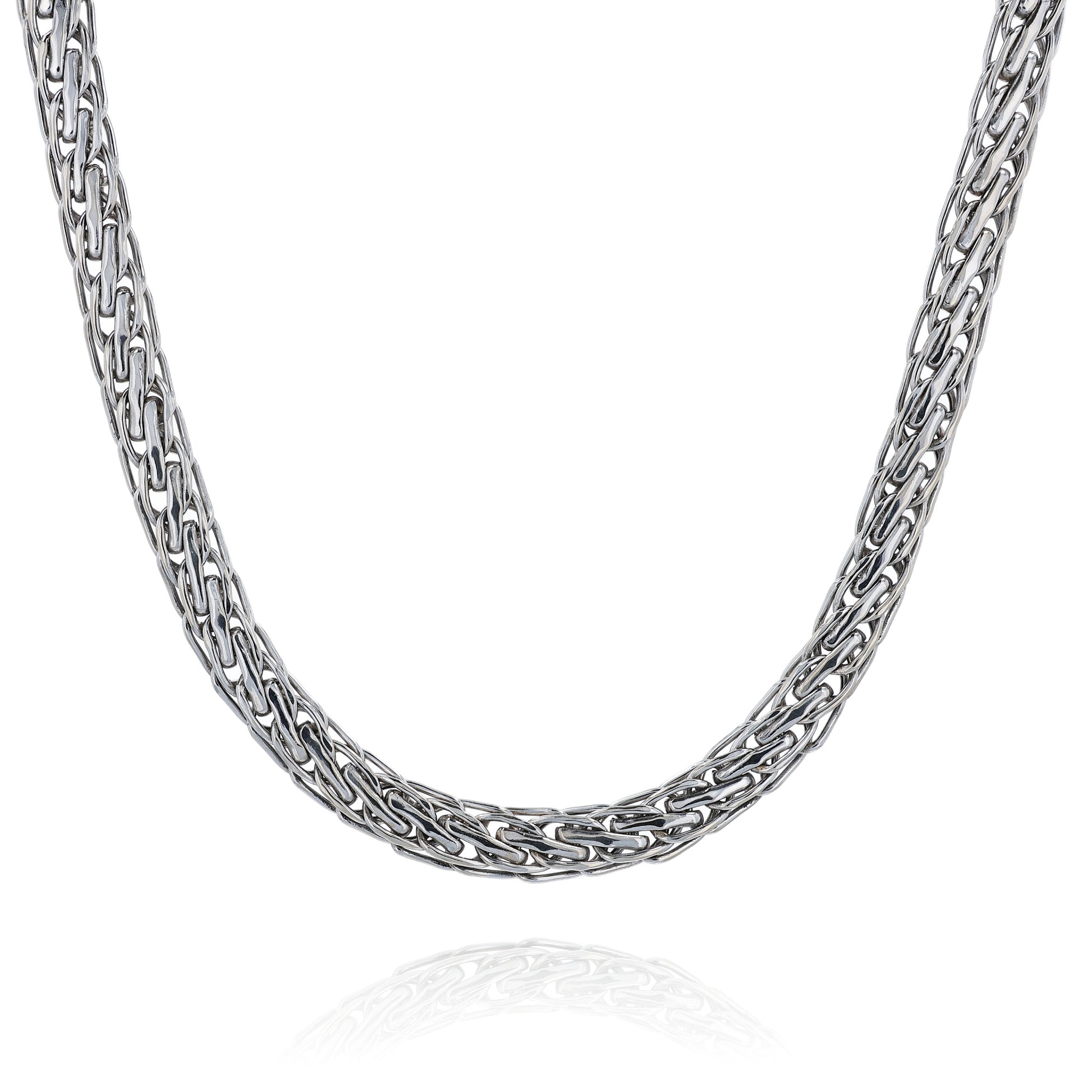 White gold braided intertwined link chain necklace on a white background