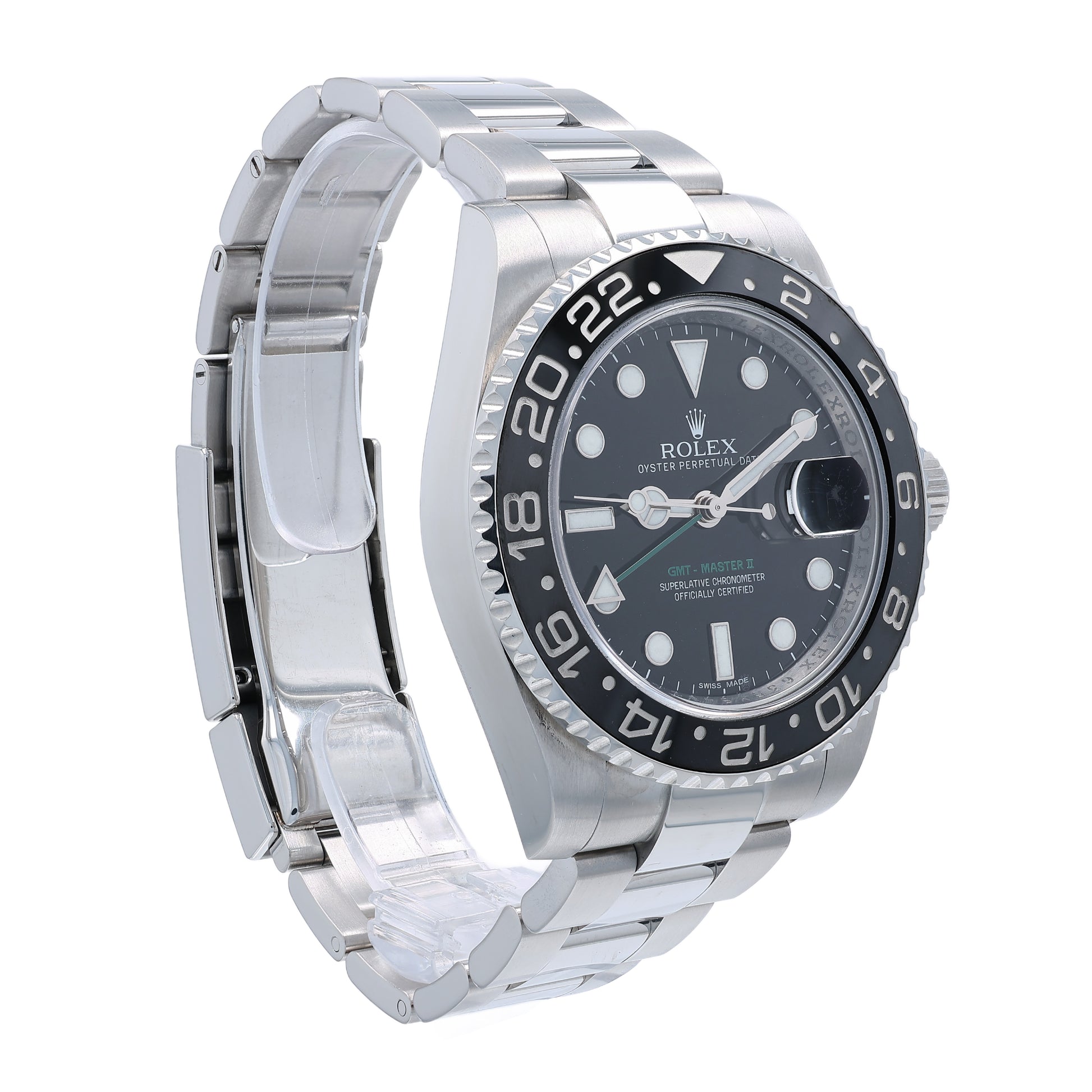 Angle of a stainless steel Rolex watch with a black dial and bezel on a white background
