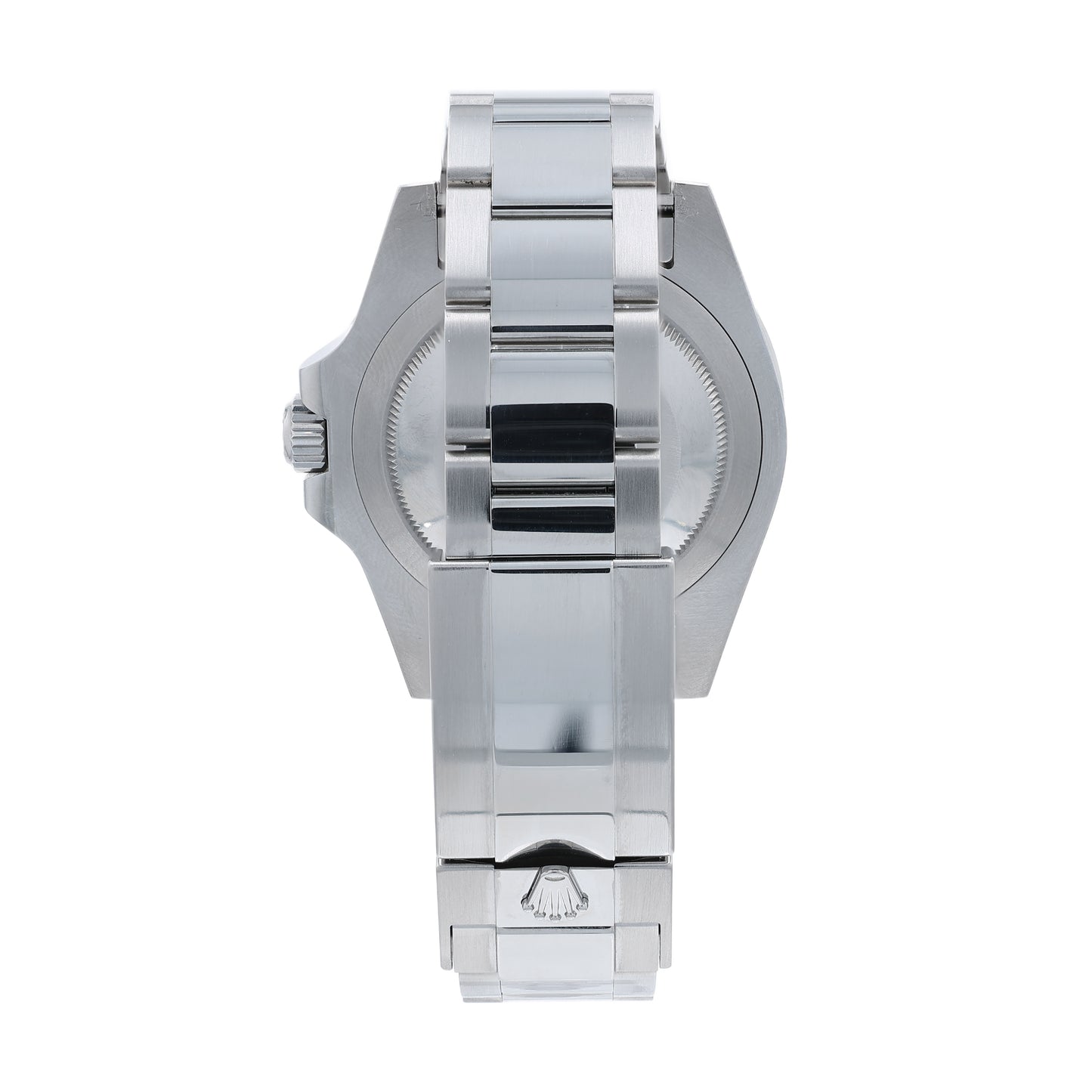 Back angle of a stainless steel Rolex watch on a white background