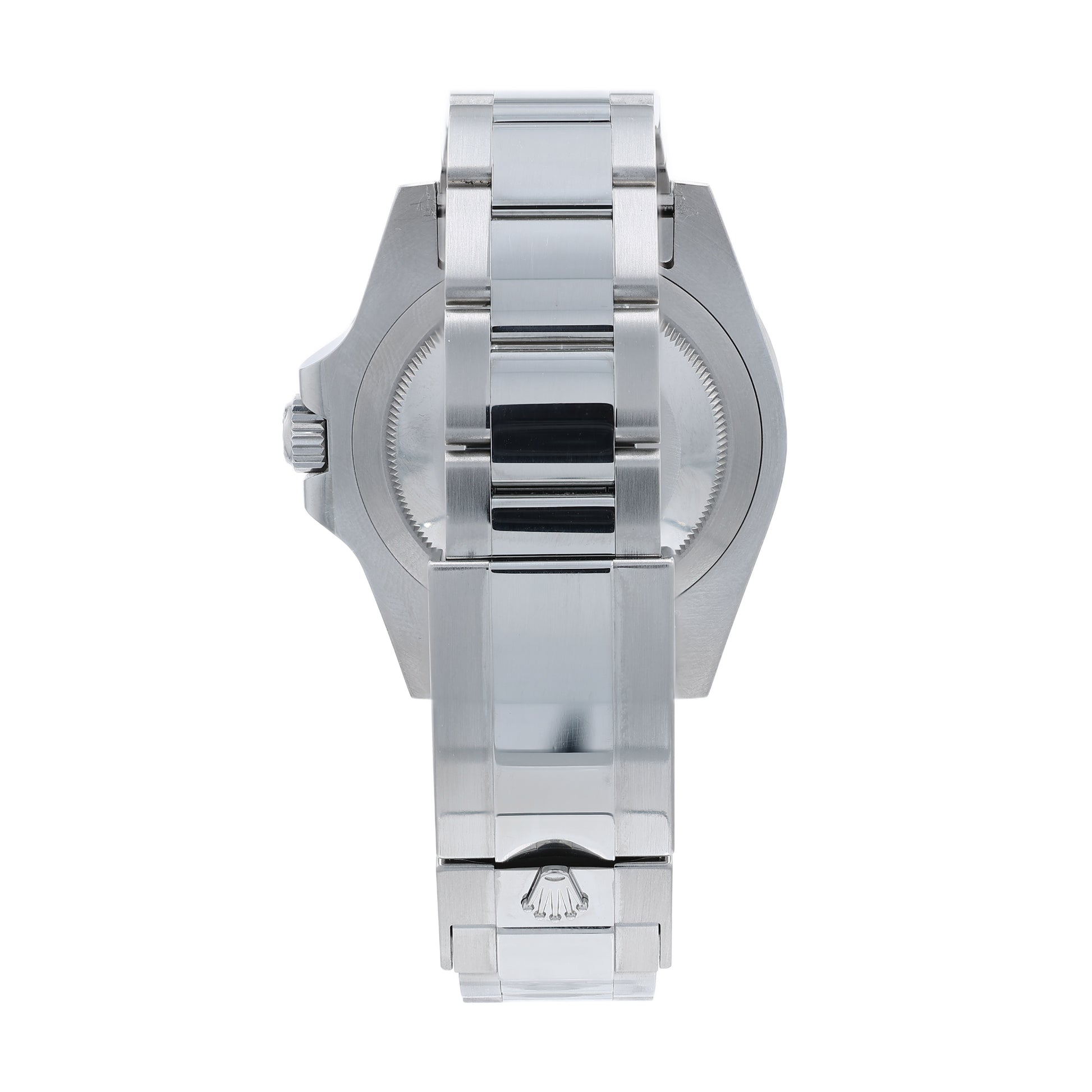 Back angle of a stainless steel Rolex watch on a white background