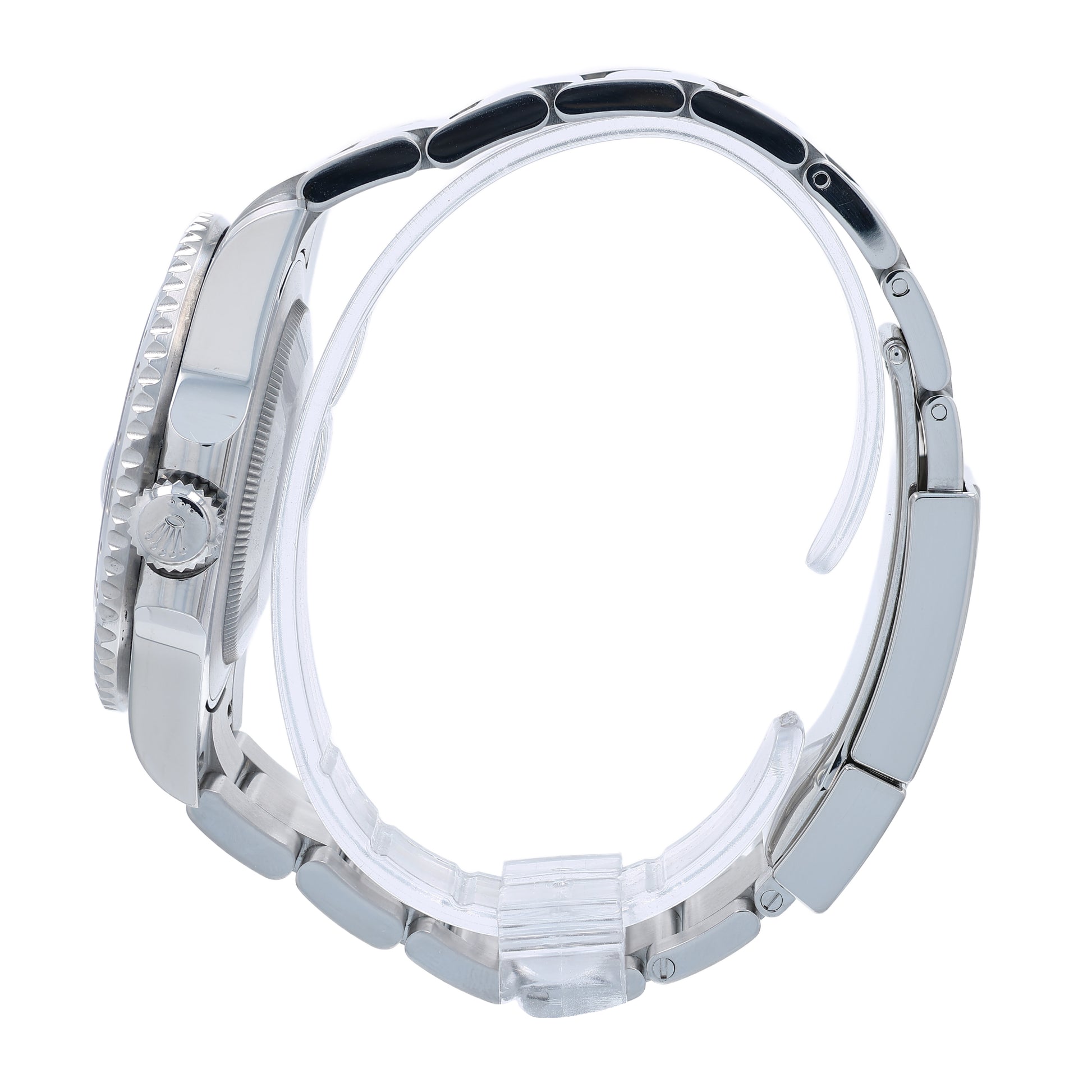 Side Profile of a stainless steel Rolex watch on a white background