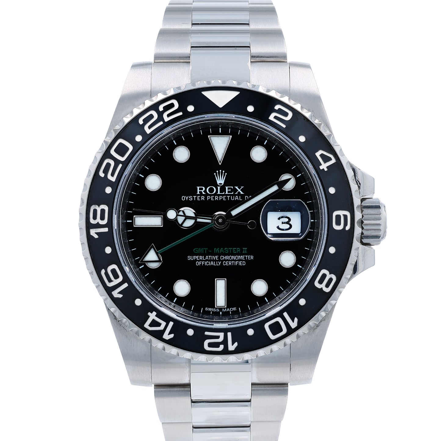 Stainless steel Rolex watch with a black dial and bezel on a white background