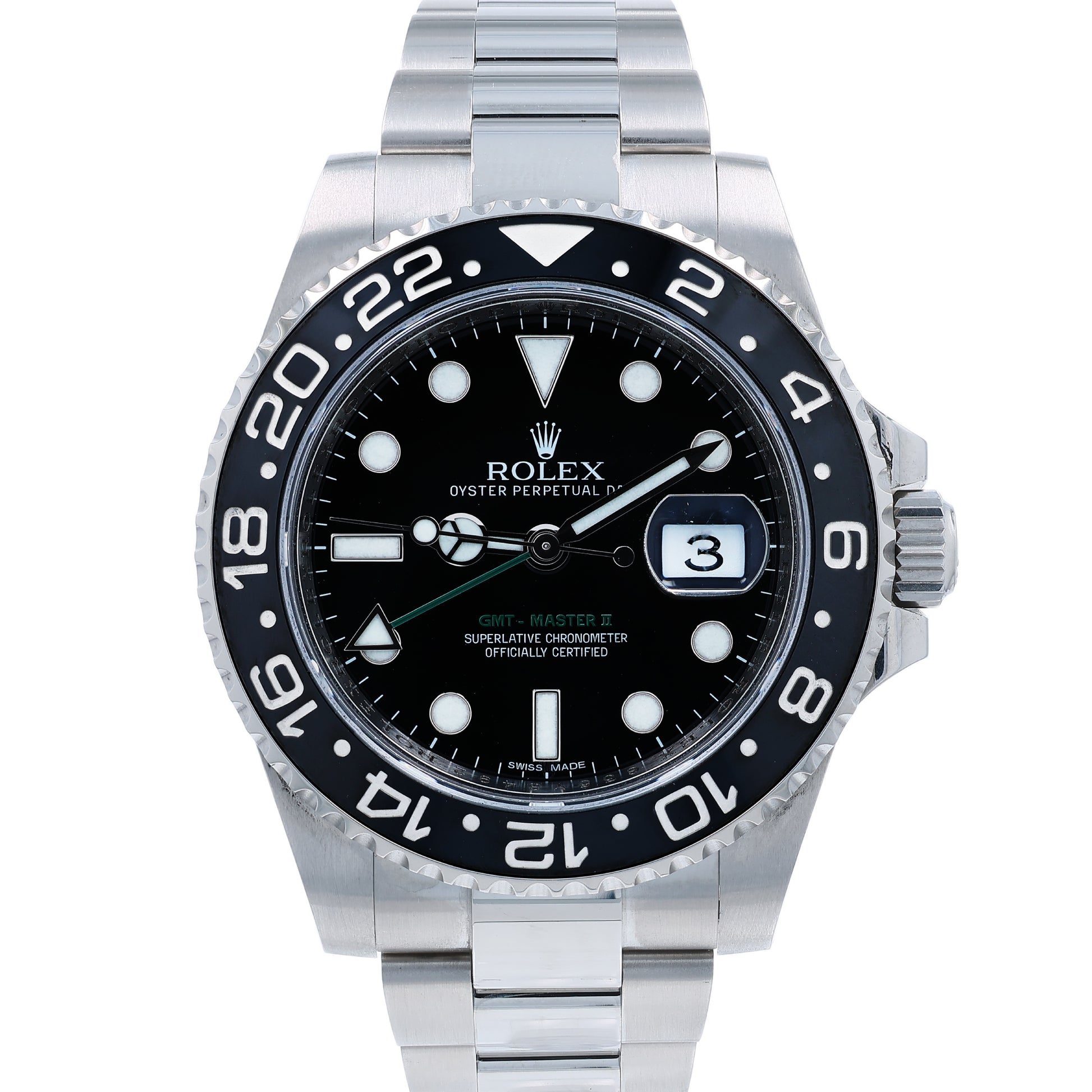 Stainless steel Rolex watch with a black dial and bezel on a white background