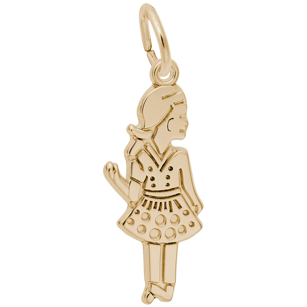 Gold charm of a girl in a dress waving on a white background