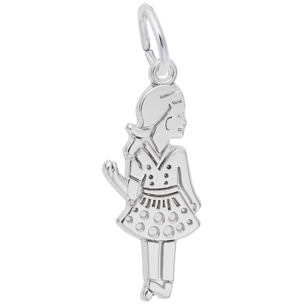 Silver charm of a girl in a dress waving on a white background