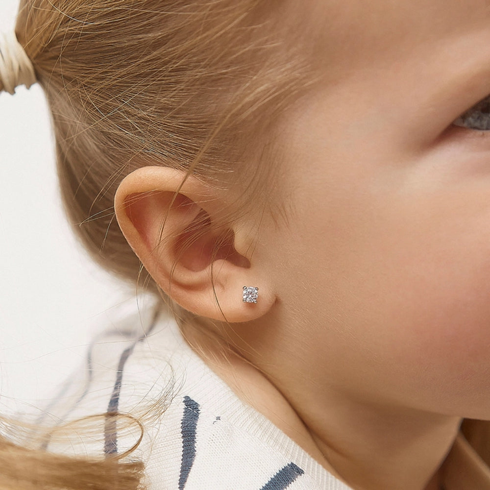 Children's Modern Solitaire CZ Sterling Silver Screw Back Earrings