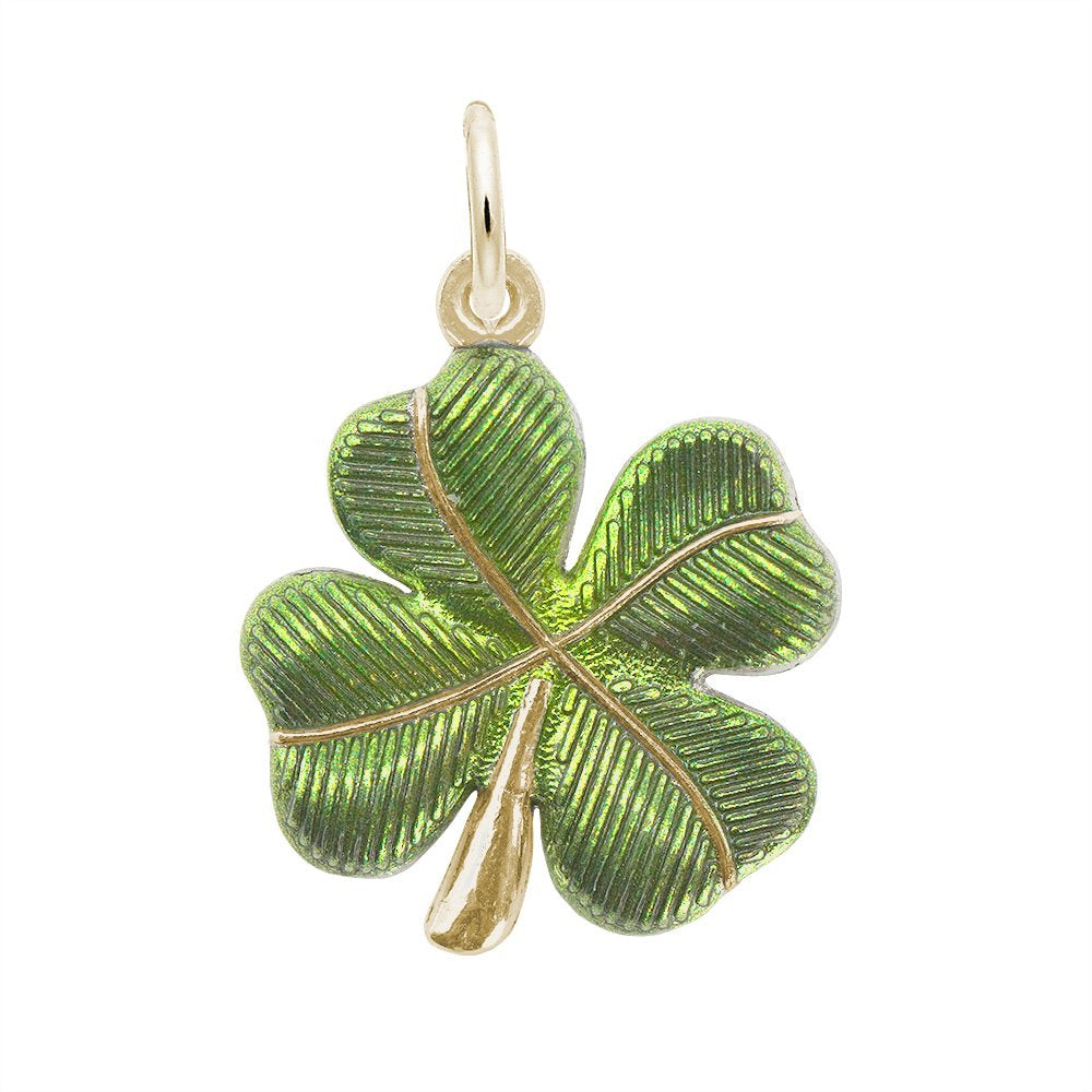 Green four-leaf clover pendant with gold accents on a white background