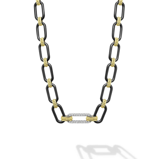 Lagos Signature Caviar 18k Gold & Black Ceramic Diamond Station Link Necklace, 6mm