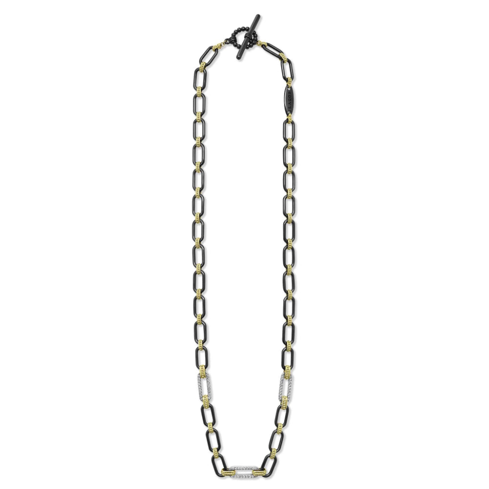 Lagos 18k Gold and Black Ceramic Three Diamond Station Link Necklace, 6mm