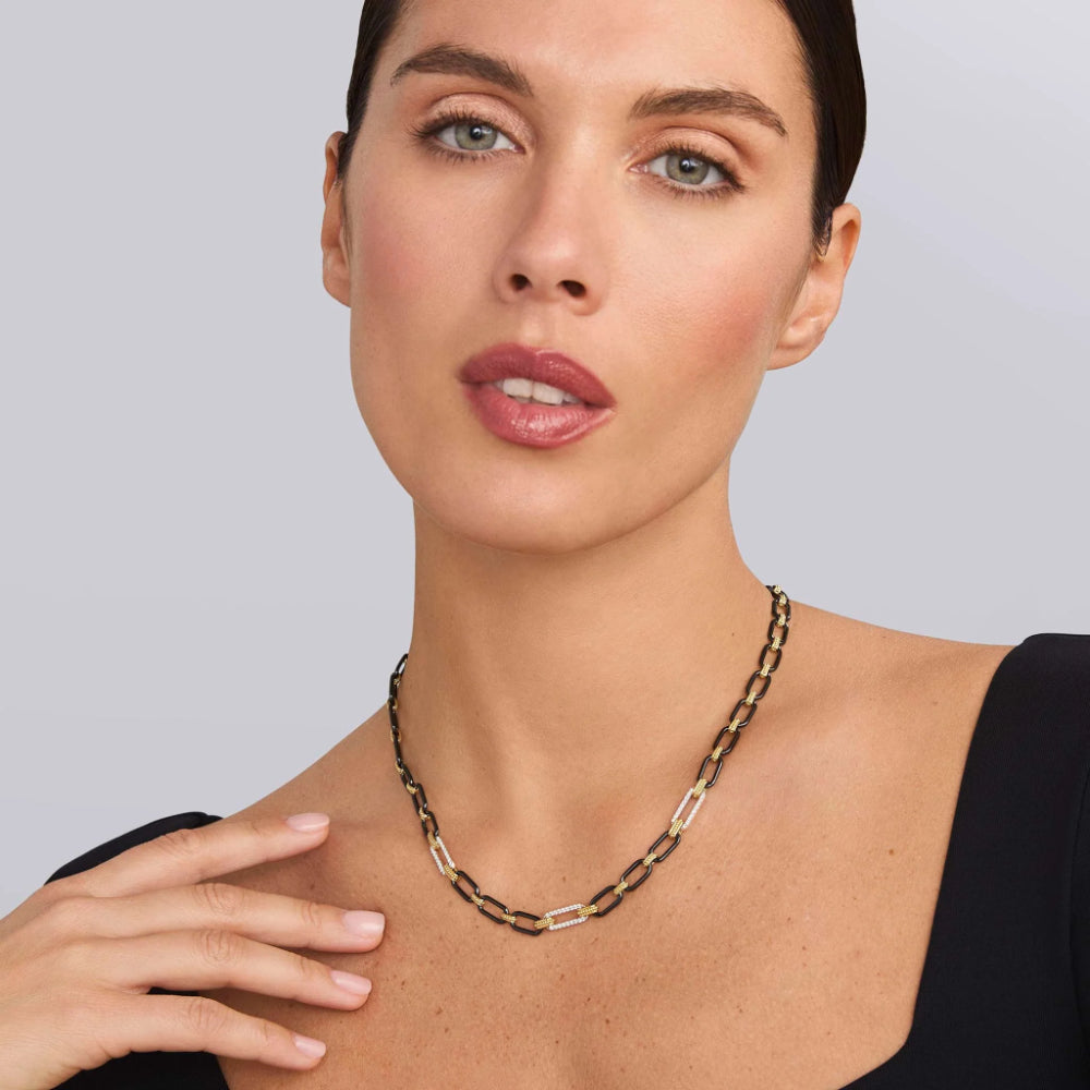 Lagos 18k Gold and Black Ceramic Three Diamond Station Link Necklace, 6mm