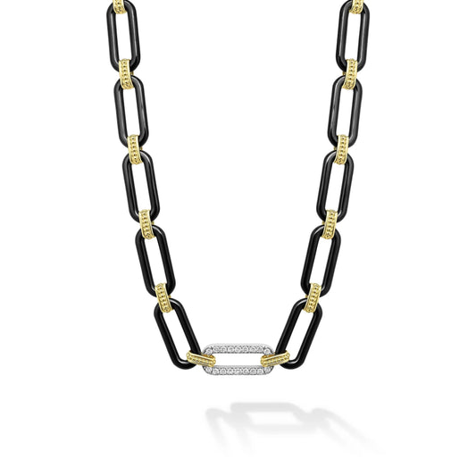 Lagos Signature Caviar 18k Gold and Black Ceramic Diamond Station Link Necklace, 9mm