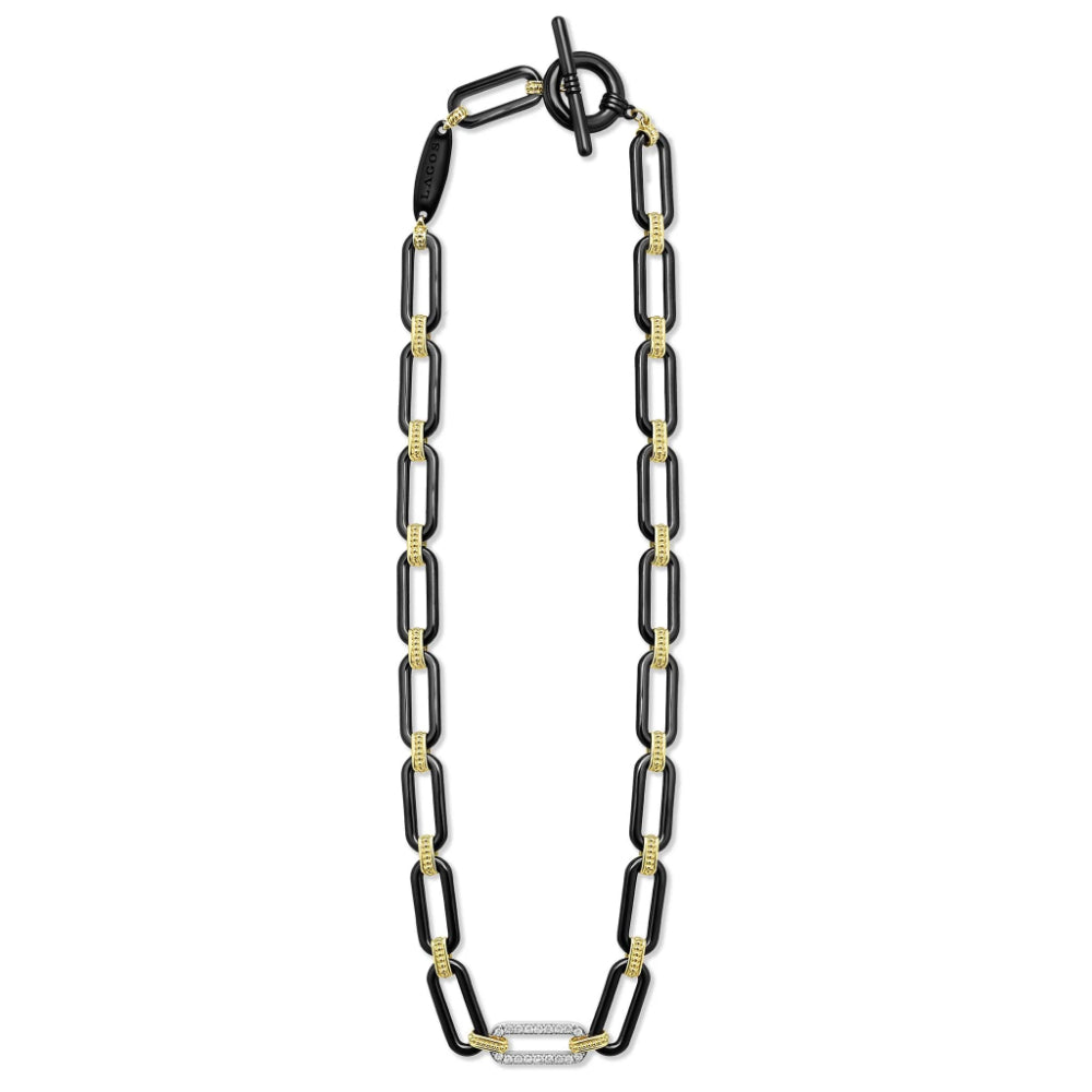 Lagos Signature Caviar 18k Gold and Black Ceramic Diamond Station Link Necklace, 9mm