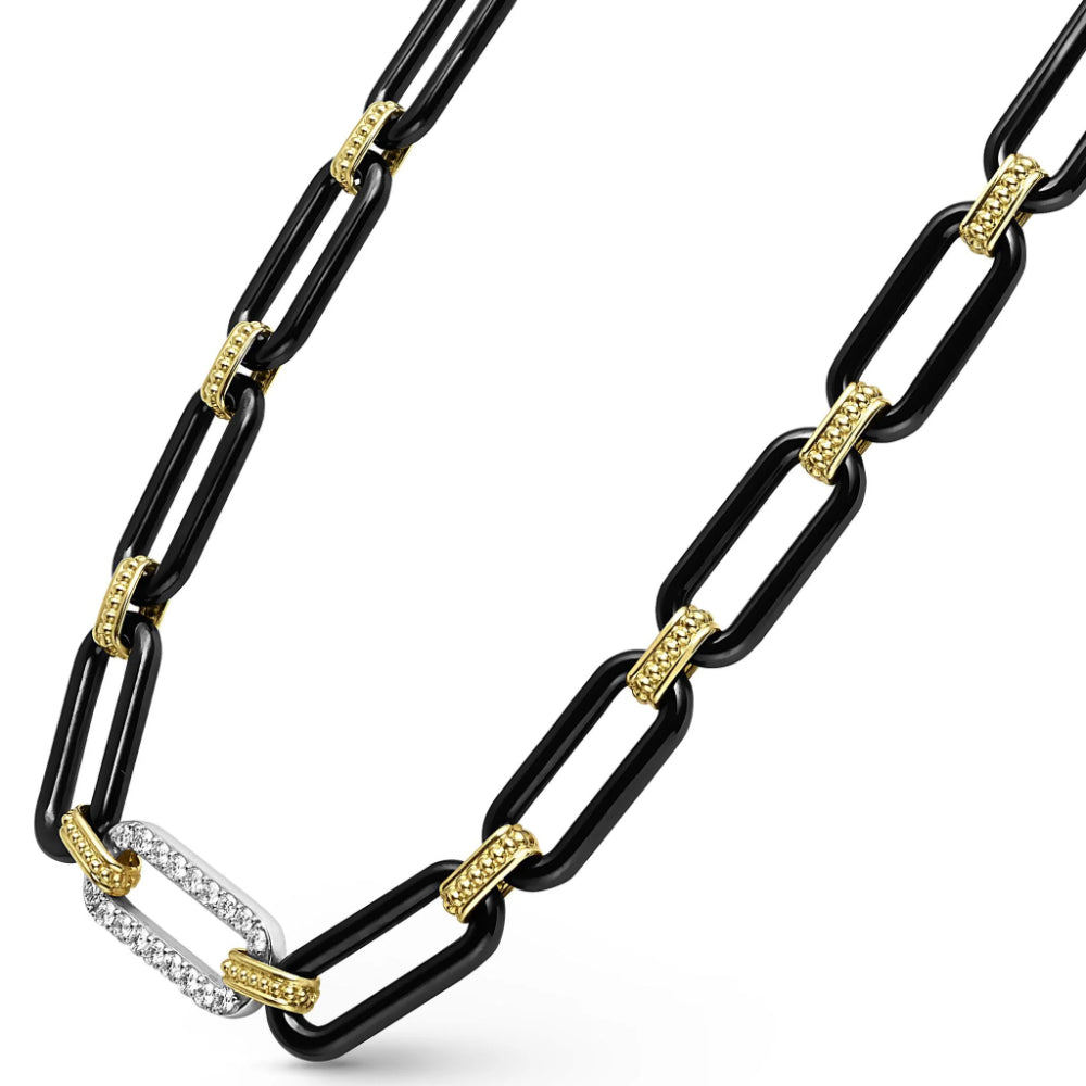 Lagos Signature Caviar 18k Gold and Black Ceramic Diamond Station Link Necklace, 9mm