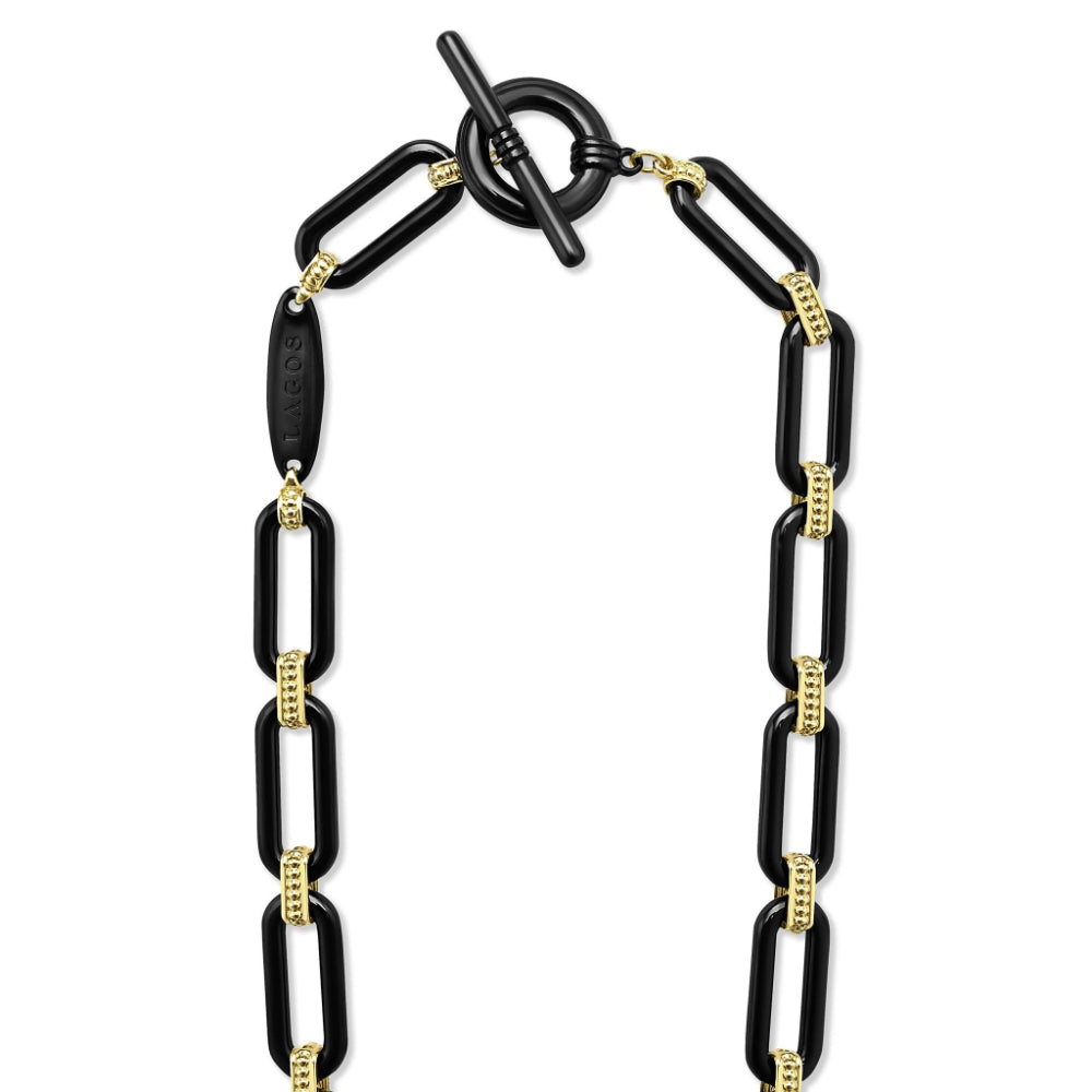 Lagos Signature Caviar 18k Gold and Black Ceramic Diamond Station Link Necklace, 9mm