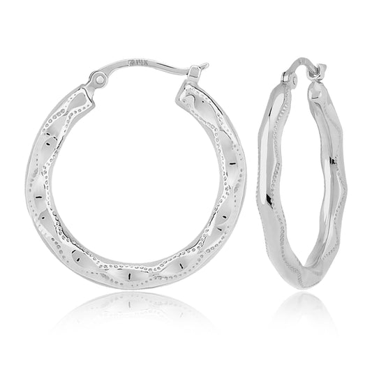 14k White Gold Embossed Hoop Earrings