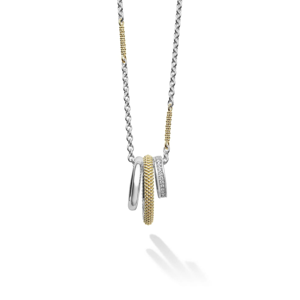 Lagos Caviar Lux Two-Tone Three Ring Diamond Pendant Necklace