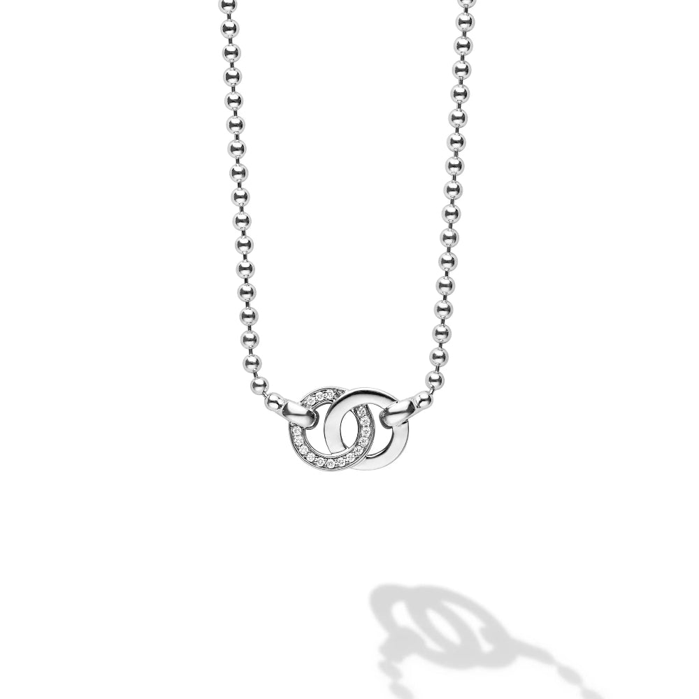 Sterling silver interlocking Diamond Pendant Necklace - one circle of diamonds beautifully intertwined design with polished sterling silver circle. 