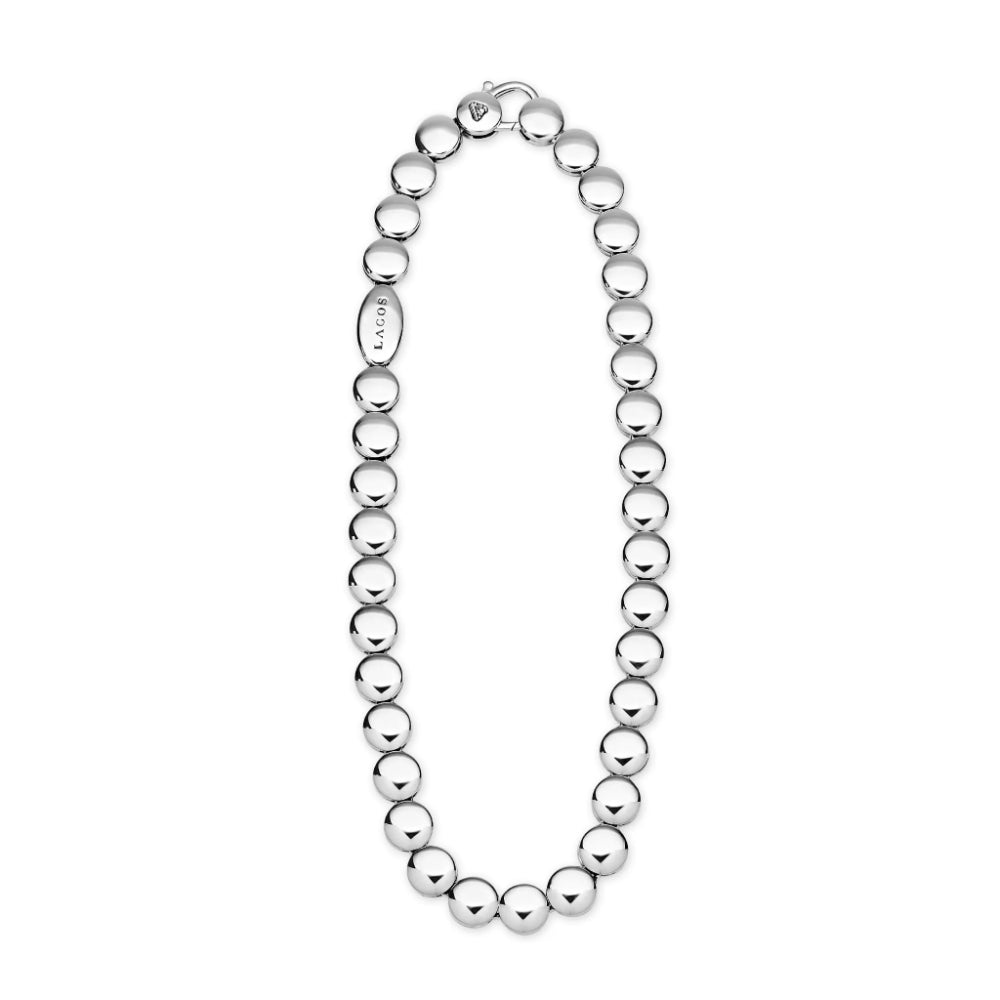 A polished silver beaded chain necklace with a lobster clasp, shown on a clean white background. The brand name 'Gucci' is engraved on a small tag attached to one of the beads.
