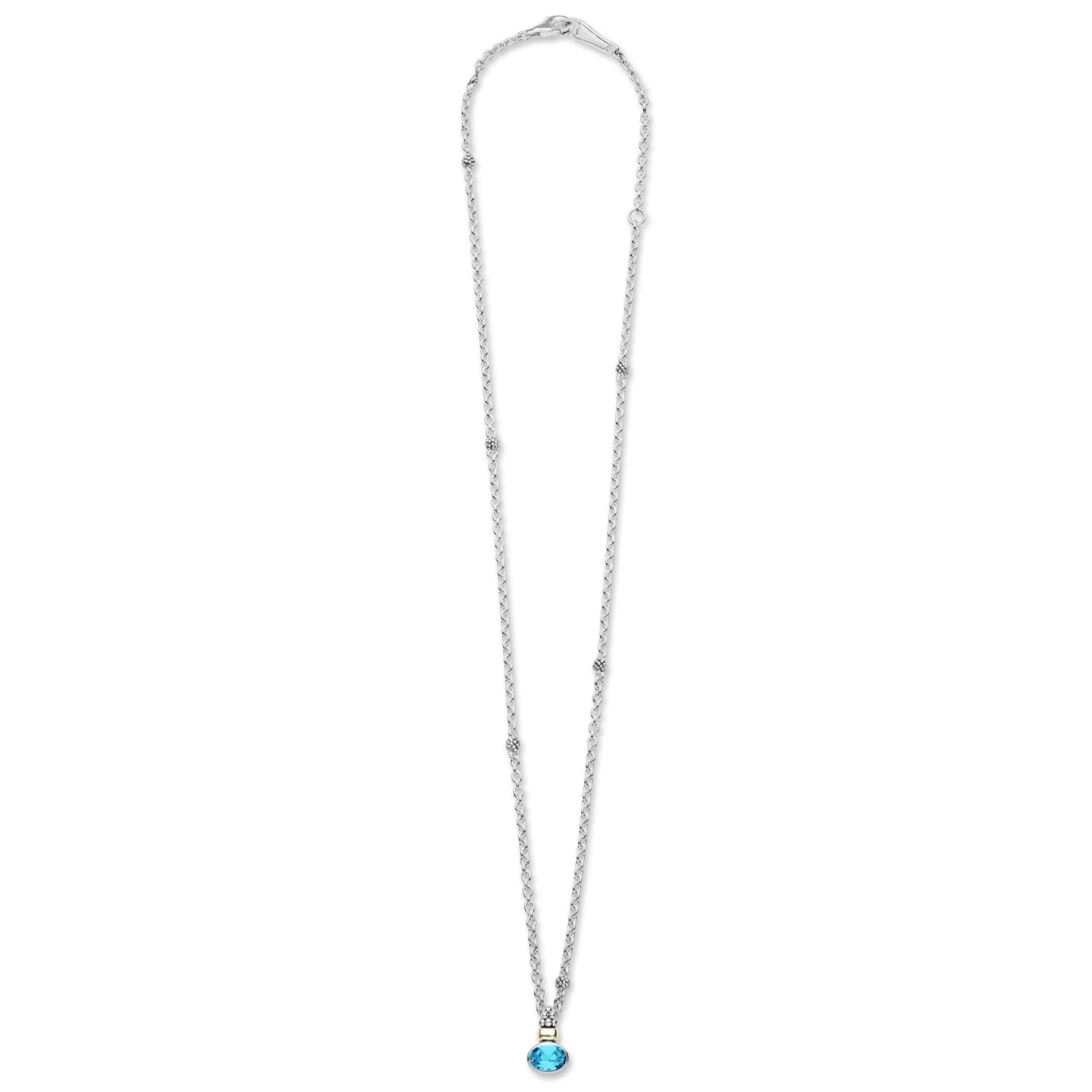 silver tone necklace with blue stone on an angle white background